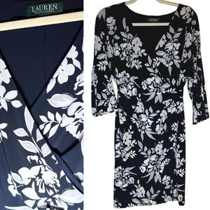 LAUREN Ralph Lauren 8 Navy, Gray and White Floral Faux Wrap Surplice Dress